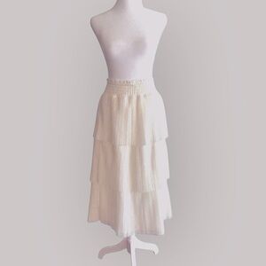 DR2 Cream Tiered Midi Skirt L – Boho Layered Ruffle Skirt, Cottagecore